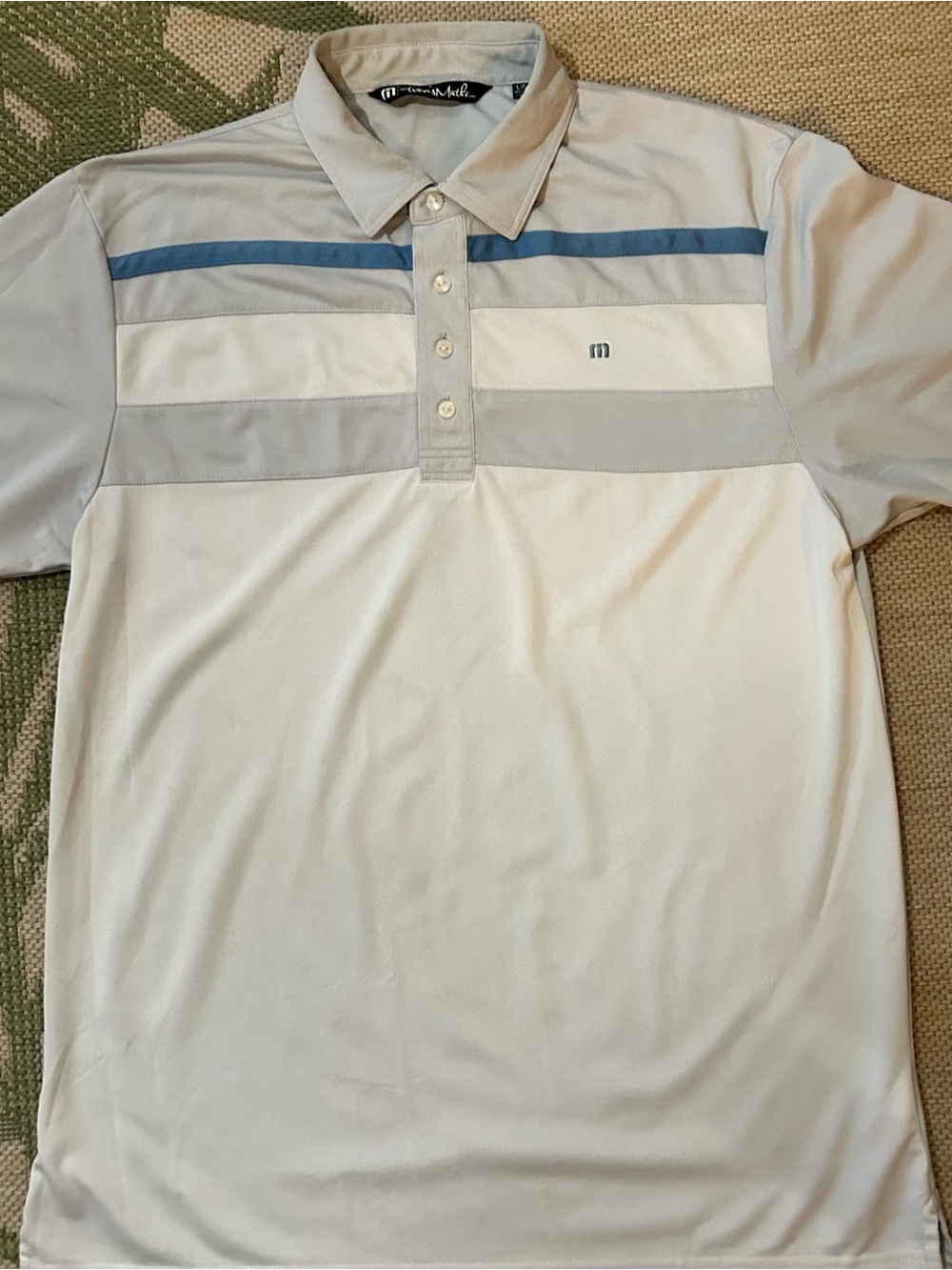 Travis Mathew White Polo with Light Gray & Blue Stripe